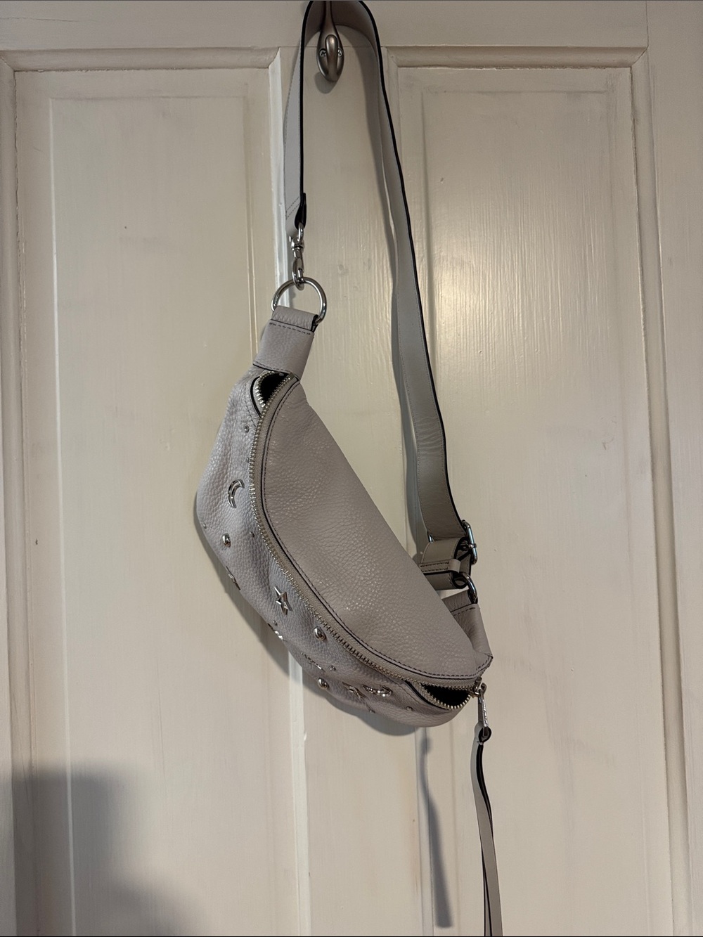 Rebecca Minkoff Light Gray Studded Moon & Star Crossbody belt bag